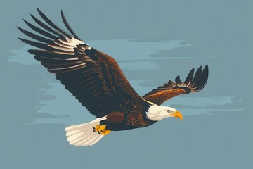 Obraz premium Illustration of a majestic bald eagle soaring through the sky with powerful wings spread wide against a blue background.