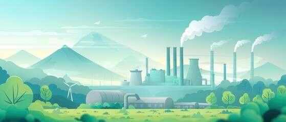 Illustration of an industrial landscape with factories emitting smoke, set against green hills and mountains under a clear sky.