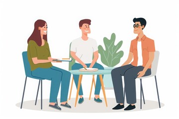 Illustration of three friends having a casual conversation around a coffee table, with plants in the background, on a white backdrop.