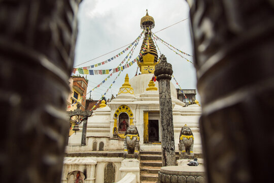 Buddhist stupa with prayer flags