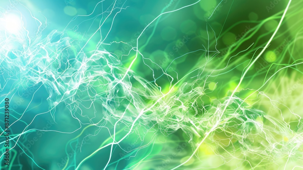 Poster the image is an abstract painting. it has a green and blue background with white and yellow lines ru