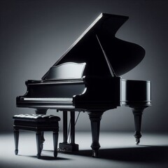 A real black grand piano with glossy keys on a gray background, perfect for a concert