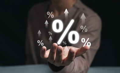 Human holding interest rate dividend arrow business financial investment, business growth, money, stock market, chart, interest rate, investment, funds, percent commission, income, marketing, profit.