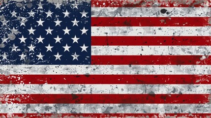An American flag presented with a grunge effect, incorporating splashes of black and grey, symbolizing resilience and strength amidst adversity within the nation.