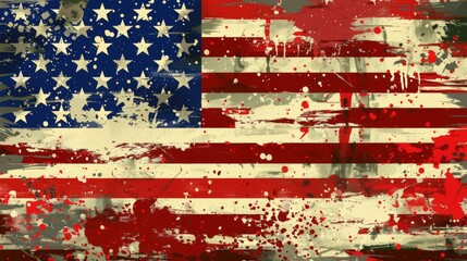 This is an abstract representation of the American flag with red and beige drips and splatters, conveying artistic freedom and dynamic motion in a contemporary style.