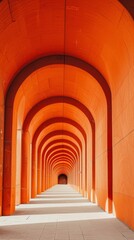 Fototapeta premium Orange arches in a corridor with sunlight and shadows creating a repetitive pattern. Architectural symmetry and design concept
