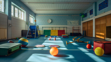 Physical education room full of fitness sport equipment for indoor training. School gym or gymnasium exercise workout lifestyle, university or childhood class activity, play arena
