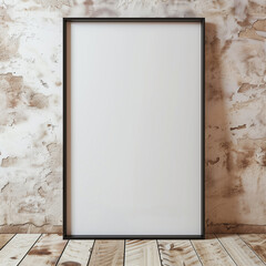 Blank Canvas: A minimalist black frame against a weathered brick wall, hinting at the potential for creativity and artistic expression. The worn wooden floor adds a touch of rustic charm.  