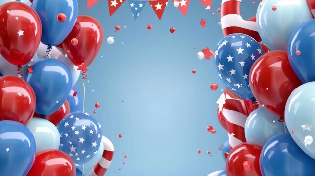 An arch of balloons in red, white, and blue with star patterns, alongside hanging flags, offering a bold USA patriotic decoration that radiates celebration and festivity.