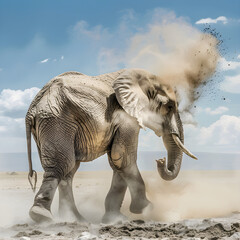 Fototapeta premium Large adult african bush elephant throwing dirt on its back with its trunk in a cloud of dust