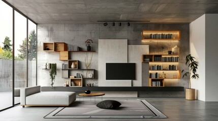 A stylish, modern living room with a mounted TV, built-in shelves filled with decor items, minimalist furniture, large windows, and contemporary design elements, creating a cozy atmosphere.