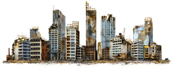 Post apocalyptic city buildings isolated on transparent background. Abandoned, ruined or destroyed architecture, town earthquake natural disaster, demolished broken ruins, wasteland