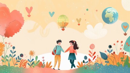 Fototapeta premium Two children holding hands surrounded by nature and colorful elements, including flowers, trees, balloons, and a globe, representing unity and innocence.