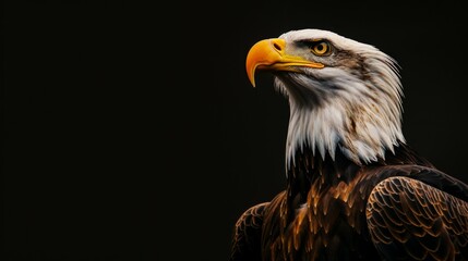 Obraz premium A magnificent bald eagle with a yellow beak stands out against a dark background, capturing its majesty and strength in a detailed perspective.