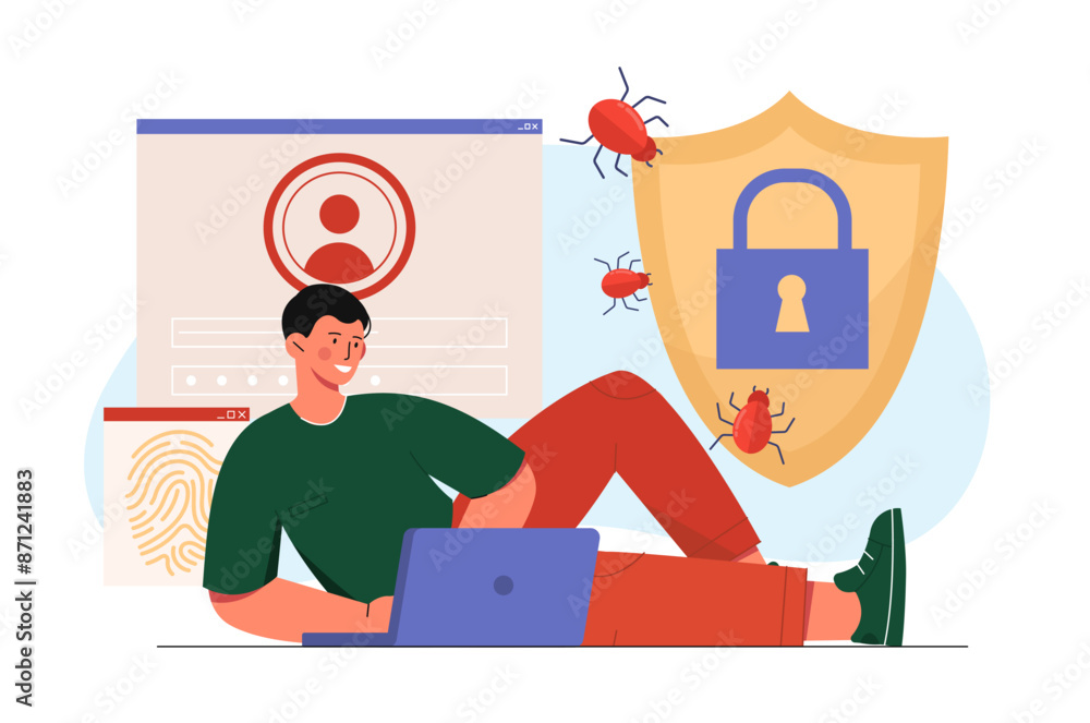 Aufkleber protection from computer virus. man with antivirus at laptop. safety of personal inormation. securit