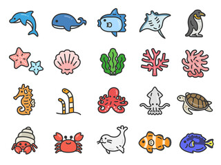 海の生物のアイコン（線画カラー）のイラストセット © R-DESIGN
