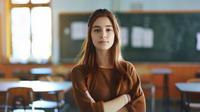 A serious and confident young woman stands in a classroom with a determined look, embodying focus and commitment to education and personal growth in her academic journey.