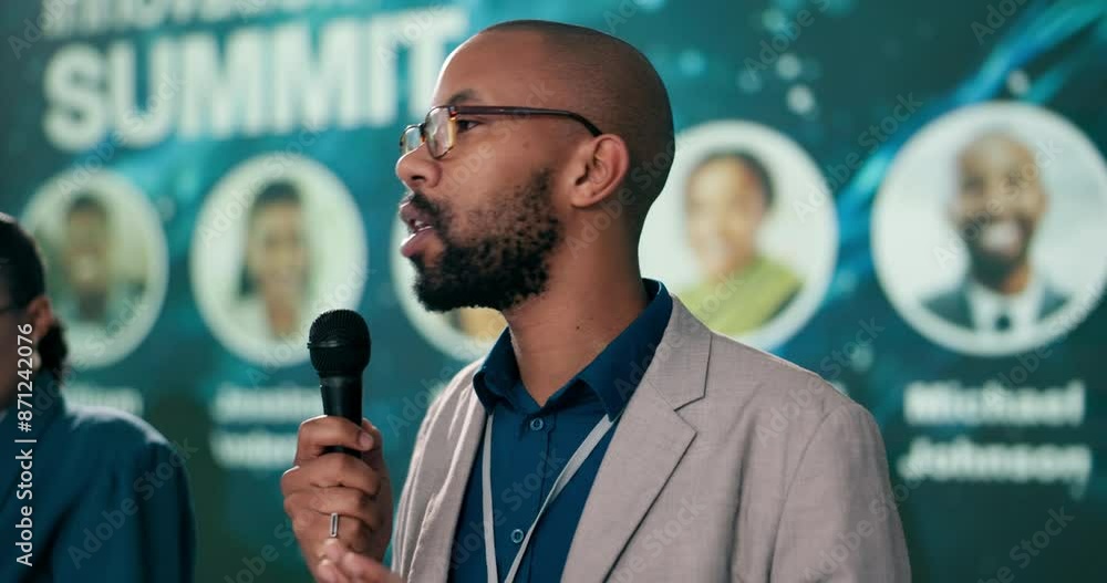 Poster man, microphone and talking for business summit as presenter, guest or event host in panel discussio
