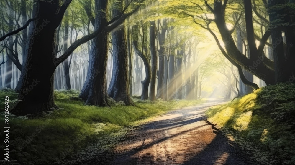 Poster enchanting forest pathway with beams of sunlight filtering through the trees, creating a mystical at
