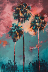 some tall palm trees in a street, in the style of richly colored skies