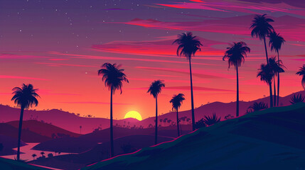 palm trees on a hill at the sunset, in the style of bold graphic illustrations, panorama, neo-geo minimalism