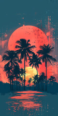 sunset and palm trees with sun silhouette in the background, in the style of graphic design-inspired