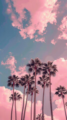 the palm trees are lined up against a sky and there is pink clouds, in the style of dark teal and dark violet