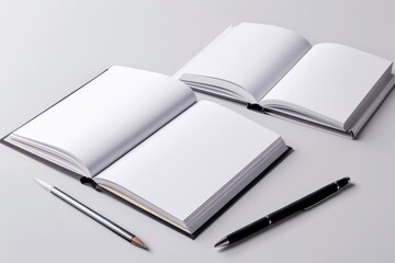 Open notebooks and writing instruments on a clean white surface, ready for writing or drawing.