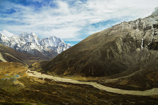 Majestic Himalayan Mountain Range in Nepal With Clear Blue Sky
