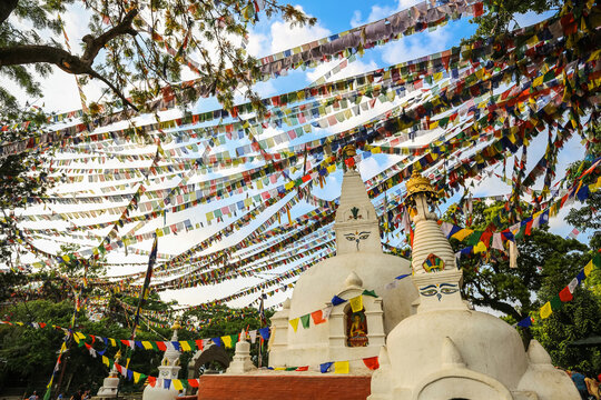 Colorful prayer flags over Swayambhunath stupa