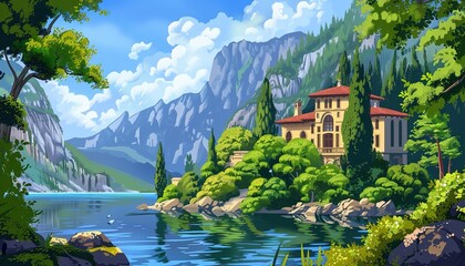 Obraz premium Mountain Lake Scene Traditional House, cartoon