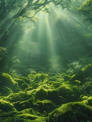 Fototapeta premium Sunlight streams through the canopy of a lush, mossy forest.