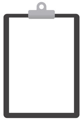 Flat icon of black clipboard with blank white sheet isolated on white background.