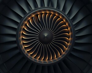 Closeup of an airplane engine with visible turbine blades, plane, powerful propulsion