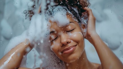 beautiful brunette woman taking a shower washing her hair