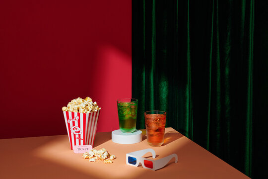 Cinema popcorn box with a 3d glasses