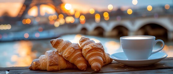 Obraz premium A classic Parisian breakfast featuring croissants and coffee with the Eiffel Tower in the backdrop, evoking a French morning ambiance
