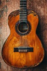 Obraz premium A classical acoustic guitar resting against a soft peach background, highlighting the instruments curves and craftsmanship