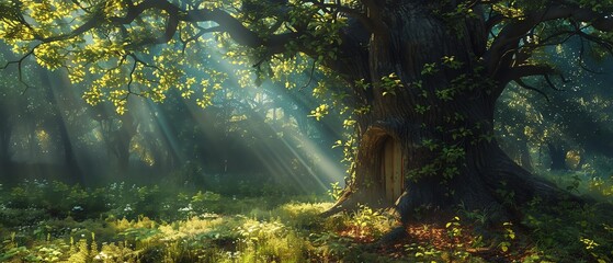 Ancient tree with a hidden door, sunrays filtering through the forest