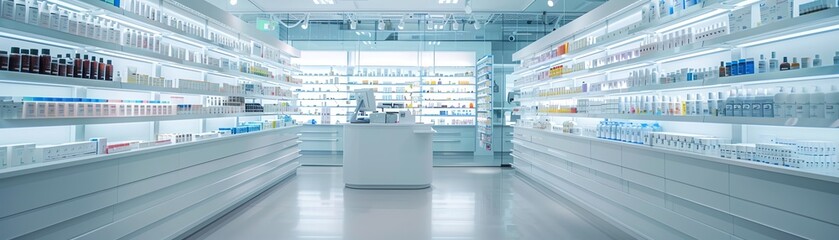Bright, modern pharmacy with clean, white shelves, welllit