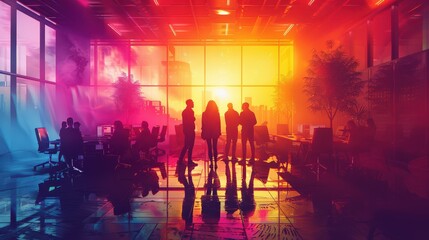 Silhouettes of people standing in a brightly lit room, with colorful lights and a blurred background.