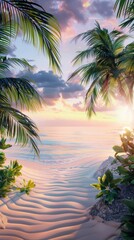Tropical beach with palm trees and sunset, serene coastal landscape. Summer vacation concept