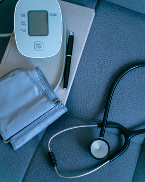 Still life with stethoscope and tonometer