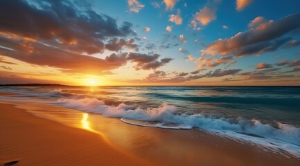Obraz premium A beautiful sunset over the beach, with golden sand and blue sky, creating an enchanting scene of tranquility and beauty. 