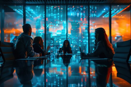 Silhouettes of a business team meeting in a futuristic cityscape with neon lights.
