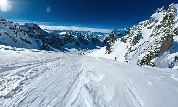 The camera seamlessly flies over a vast snowy mountain made with Ai generative technology