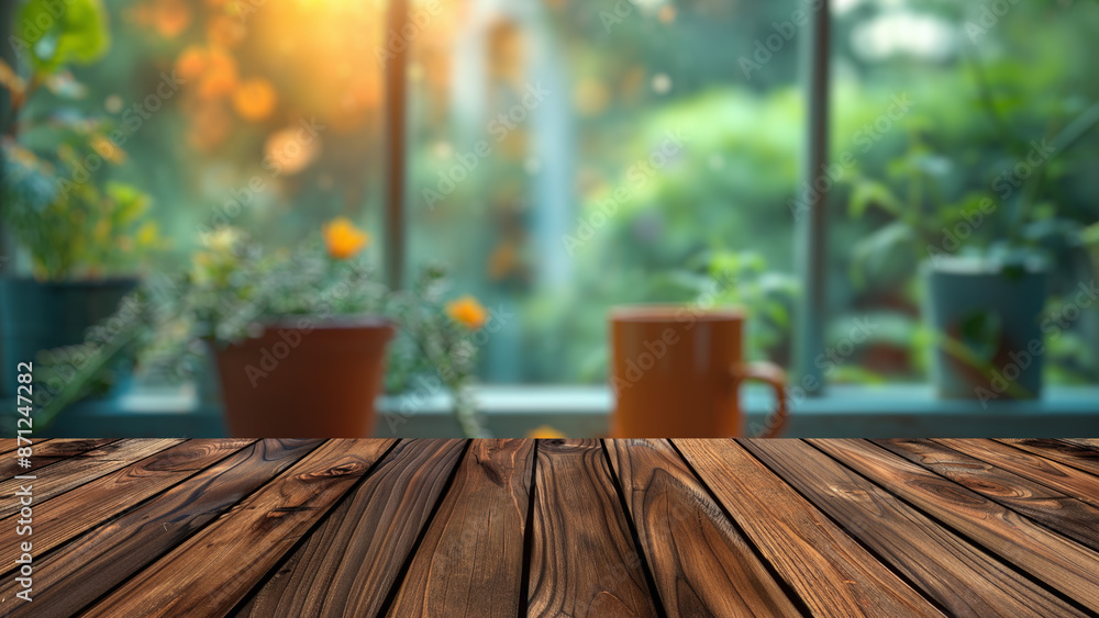 Poster empty wood table top with blur background of window with home garden view. the table giving copy spa