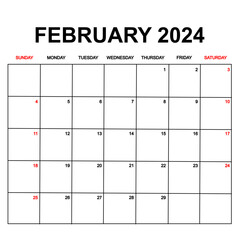 february 2024 with holydays or red dates. monthly calendar design with week starts on sunday. printable, simple, and clean vector design isolated on white background.