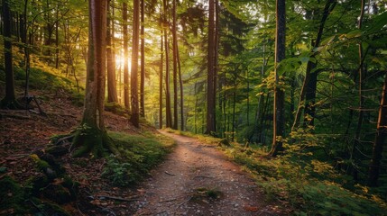 Obraz premium Forest trail with sunlight filtering through trees at dawn, serene nature and adventure concept
