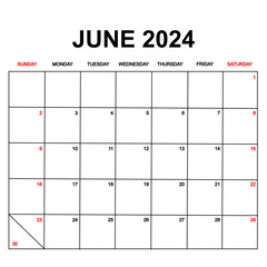 june 2024 with holydays or red dates. monthly calendar design with week starts on sunday. printable, simple, and clean vector design isolated on white background.